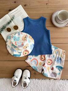 SHEIN Playful Pals 男嬰夏季3件套，嬰兒極簡百搭無袖圓領T恤，藍色紋理面料時尚字母印花背心，卡通動物印花短褲，搭配帽子3件套，適合海邊度假、日常休閒、輕鬆戶外活動 - 彩色 - 查看 3