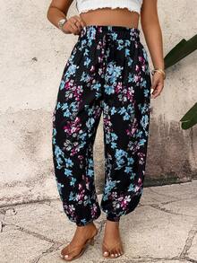 Breezaya Casual Comfortable Vacation Tropical Plant Print Pocket Drawstring Waist Women's Plus Size Long Pants, Summer - Mint Blue - View 7