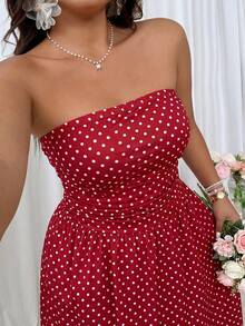 GalTyme Plus Size Women's Summer Beach Vacation Polka Dot Print Ruched Waist Bandeau Dress - Burgundy - View 5