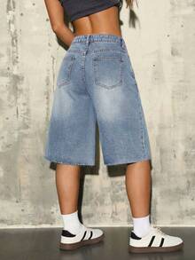 Teen Girls Blue Denim Loose Capri Pants - Light Wash - View 2