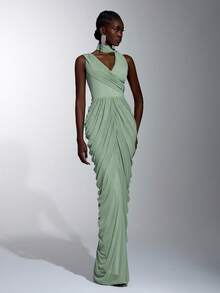 Elitara Elegant Dusty Rose Green Mesh Irregular Neckline Draped Pleated Flowing Ribbon Floor-Length Evening Gown For Wedding Party Formal Occasion - Green - View 6