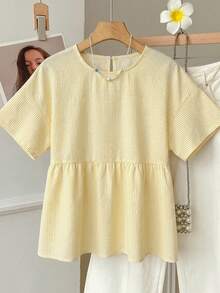 SHEIN EZwear 淡黃色條紋編織女款短袖襯衫 - 淡黃色 - 查看 9