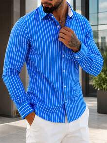 Manfinity Mode Men's Business Casual Digital Print Striped Contrast Front Panel Long Sleeve Shirt, Ceremony - Blue - View 3