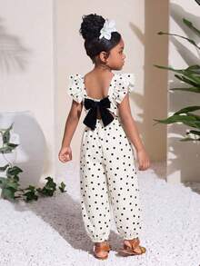 SHEIN Young Girl Casual Daily Polka Dot Pattern Back Bow Jumpsuit - Multicolor - View 5