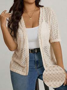Comfylo Plus Size Women's Solid Color Casual Versatile Daily Outing Short Sleeve Cardigan - Apricot - View 1