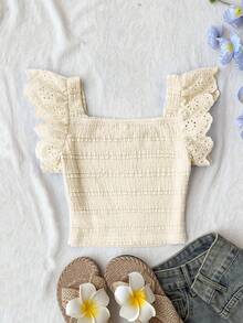 Camisetas de tirantes y camisolas para niñas preadolescentes, 3 artículos aleatorios, se envía 1 artículo, unicolor, punto con textura, encaje, ajustado, casual, minimalista, cómodo, cuello cuadrado, manga corta con volantes, tela con textura, top corto, camiseta de tirantes para niñas - Albaricoque - View 3