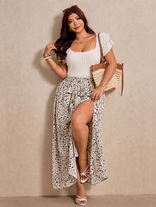 Elaquor Plus Size Women's Square Neck Ruffle Short Sleeve T-Shirt And Beige Side Slit Hem Skirt 2 Pieces Set Brunch Vacation Summer Casual Boho Bohemian White - Multicolor - View 6