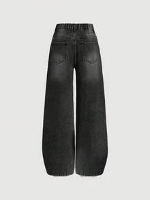 SHEIN Girlism 青少年女孩口袋鈕扣休閒百搭日常穿著牛仔褲 - 黑色 - 查看 2