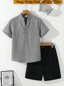 SHEIN 青少年男孩休閒短袖V領上衣與短褲套裝 - 灰色 - 查看 1