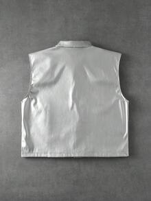 ROMWE MEN 男士字母貼布口袋單排扣休閒背心 - 銀色 - 查看 2