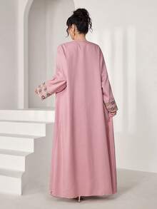 Al Najma Spring & Summer Pink Floral Embroidered Cuff Open Front Long Abaya, Outer Robe Suitable For Daily Home Wear, Prayer And Outdoor Outing - Pink - View 2