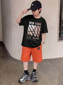 Coolqubz 两件套青少年男童休闲印花T恤和宽松工装短裤套装 - 黑色 - 查看 4