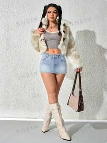 SHEIN PETITE Women Casual Washed Mini Denim Skirt - Light Wash - View 3