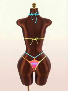 Amplova Women's Letter Print Contrast Detail Sexy Avant-Garde Cute Mini Set Suitable For Vacation Outfits - Pink - View 7