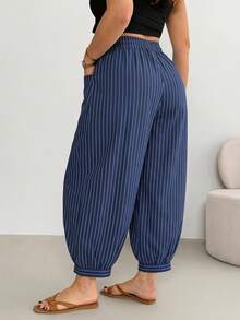 Shapeblank Women's Plus Size Vacation Style Drawstring Elastic Waistband Pocket Striped Pants, Spring Women's Clothing - Multicolor - View 2