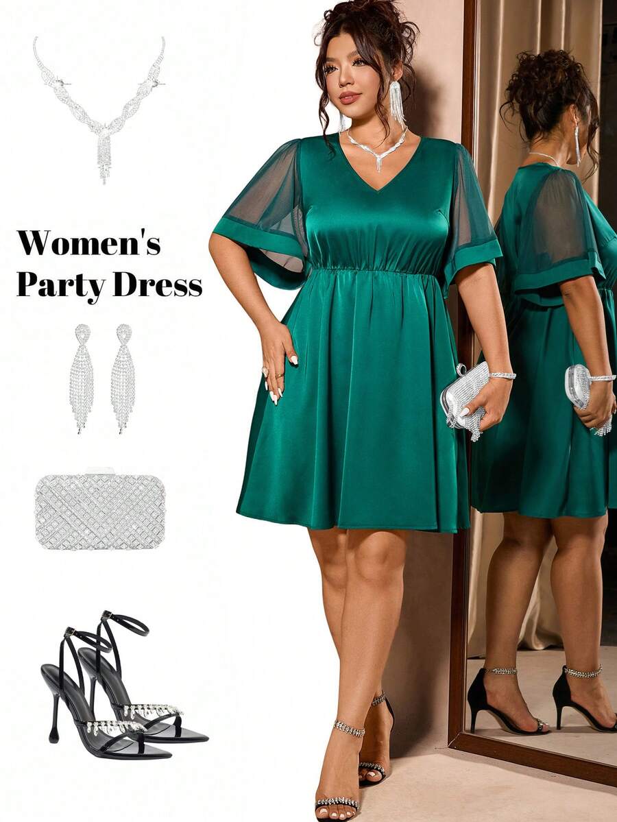 Cravure Plus Size Women Elegant Satin V-Neck Dress, Spring/Summer - Green - View 1