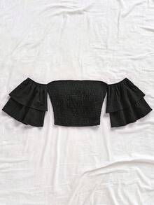 Soleia 女士荷叶边印花上衣，春夏新款，黑色，夏季女装 - 黑色 - 查看 4
