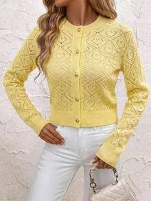 SHEIN Clasi Cárdigan de manga larga de unicolor de un solo pecho, casual y versátil para uso diario y salidas, talla grande para mujer - Amarillo - Ver 4