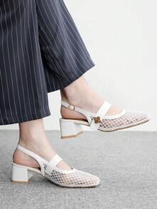 CUCCOO BIZCHIC Women's Fashion High-Heeled Shoes, Buckle Thick Heel Mesh Yarn, Global Four-Season Commuting, Elegant Foundation, Festival Vacation, Office Outdoor Daily Versatile - pure white - View 4