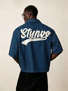 STYNVO 男士字母刺繡條紋短袖休閒襯衫 - 藏蓝色 - 查看 1
