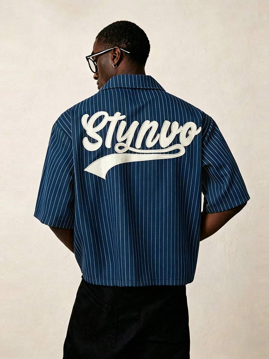 STYNVO 男士字母刺繡條紋短袖休閒襯衫 - 藏蓝色 - 查看 1