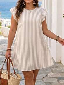 SHEIN Frenchy Plus Size Round Neck Cap Sleeve Ruffle Striped Loose Casual Summer Dress - Multicolor - View 2