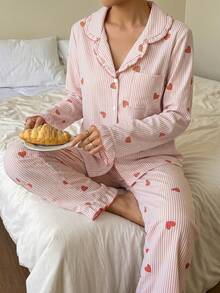 Napfluff Heart Stripe Bubble Crinkle Frill Trim Collar Open Front Pajama Set - Multicolor - View 7