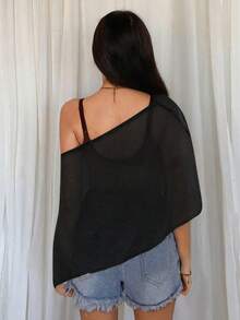 TRNVIE Spring/Summer Vacation Shiny Silver Thread Cape Cloak Asymmetric Neck Beige Women's Top - Black - View 2