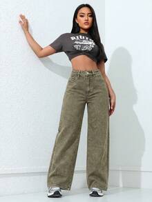 SHEIN ICON 女款口袋寬腿寬鬆休閒百搭牛仔長褲 - 墨綠色 - 查看 6