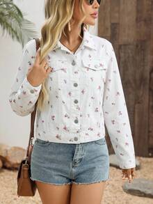 Sweetra Women's Floral Print Fashion Resort Single-Breasted Long Sleeve Jacket - White - View 8