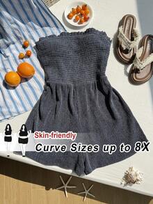 SHEIN CURVE+ 大尺碼夏季復古商務休閒風 破舊感抓皺抹胸短版連身褲 深色水洗 海灘度假款 - 藏蓝色 - 查看 1