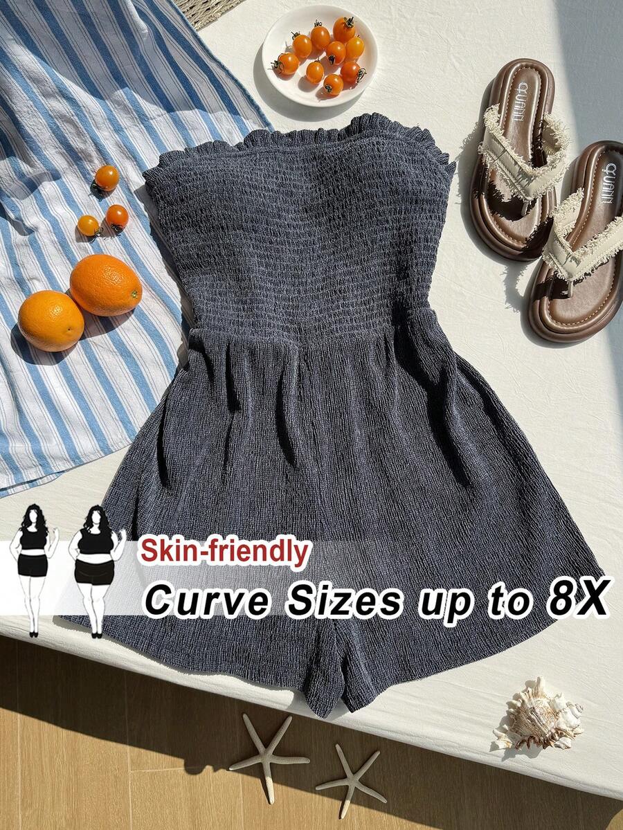 SHEIN CURVE+ 大尺碼夏季復古商務休閒風 破舊感抓皺抹胸短版連身褲 深色水洗 海灘度假款 - 藏蓝色 - 查看 1