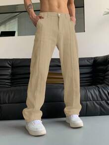 Manfinity Hypemode Pantalones rectos con bolsillos en ángulo para hombres, otoño - Caqui - Ver 5