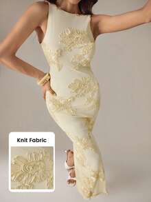 SHEIN Tall 純色黃色紋理提花無袖修身洋裝，適合早午餐、婚禮賓客、雞尾酒會、度假海灘洋裝，黃色婚禮賓客洋裝，優雅女款洋裝，黃色正式洋裝 - 黃色 - 查看 1