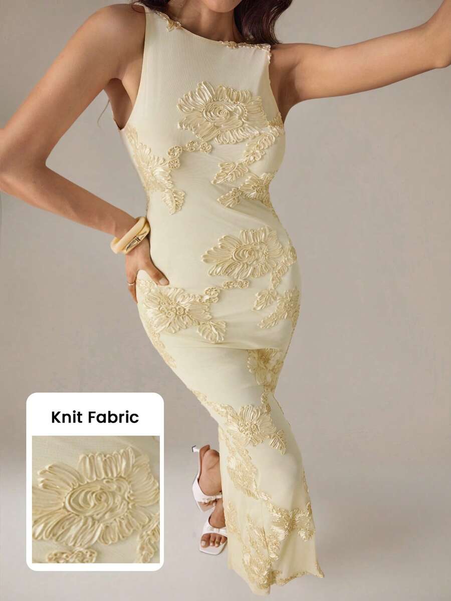 SHEIN Tall 純色黃色紋理提花無袖修身洋裝，適合早午餐、婚禮賓客、雞尾酒會、度假海灘洋裝，黃色婚禮賓客洋裝，優雅女款洋裝，黃色正式洋裝 - 黃色 - 查看 1