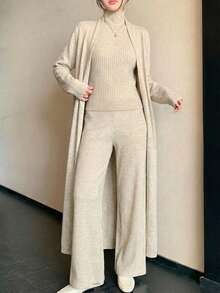 Knit Top Pant Cardigan 3 Pcs Set Knit Set - بيج - مشاهدة 1