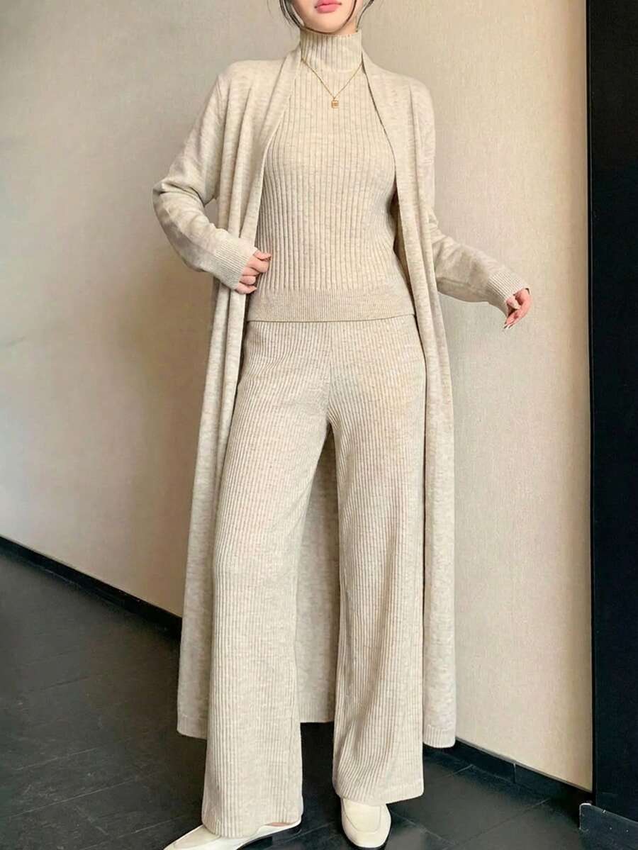 Knit Top Pant Cardigan 3 Pcs Set Knit Set - بيج - مشاهدة 1