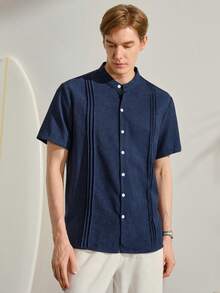 VeloEdit Blue Men's Solid Color Front Button Collar Casual Short Sleeve Shirt Men Linen Summer Old Money, Daily Leisure, Weekend Trips, Outdoor Activities - Royal Blue - View 4