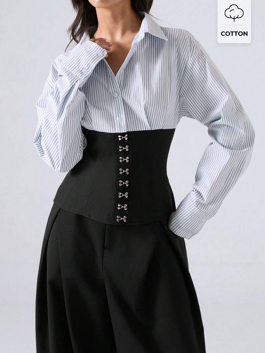 LYSMO Women's Fashion Commuter Office Elegant Blue And White Stripe Patchwork Shirt Everyday Autumn Teachers' Day - Multicolor - View 1