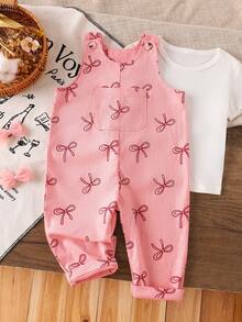 SHEIN Playful Pals 男女幼童 0-3 歲 春/秋季 全身印花 粉色 & 多色調蝴蝶結圖案印花 時尚百搭基礎款 燈芯絨吊帶長褲套裝，胸前口袋設計，柔軟舒適面料，休閒版型 適合外出、居家、春秋穿著 - 粉色 - 查看 4