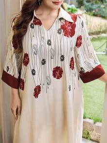 Al Najma Plus Size Women's V-Neck, 3/4 Sleeve, Stand Collar, Sleeve, Front Print, Bubble Texture Fashionable Full Skirt Floral Dress, Printed Arabic Dress - Red - View 1