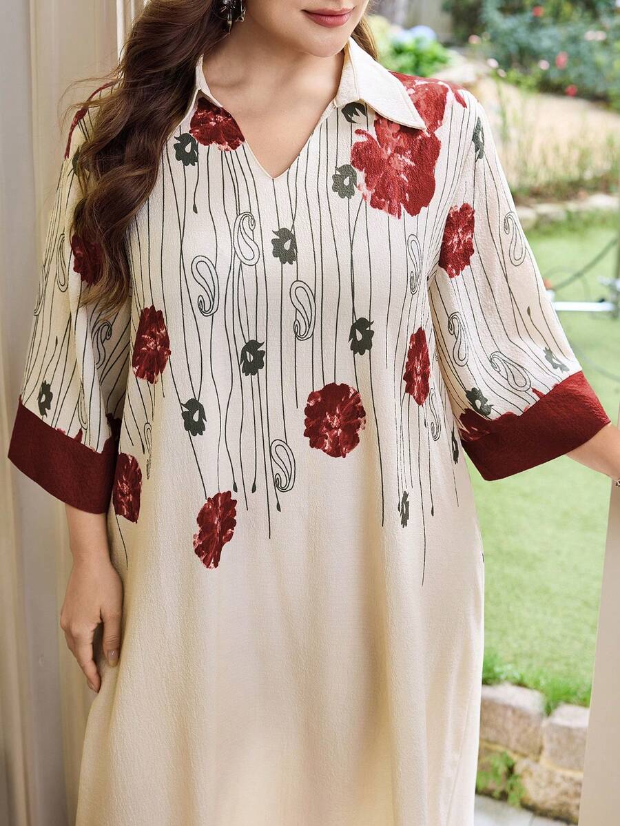 Al Najma Plus Size Women's V-Neck, 3/4 Sleeve, Stand Collar, Sleeve, Front Print, Bubble Texture Fashionable Full Skirt Floral Dress, Printed Arabic Dress - Red - View 1