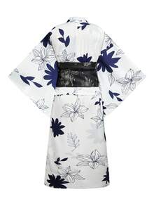 Irokai Floral Pattern Kimono Sleeve Robe And Camisole Dress Yukata Set - Blue and White - View 14