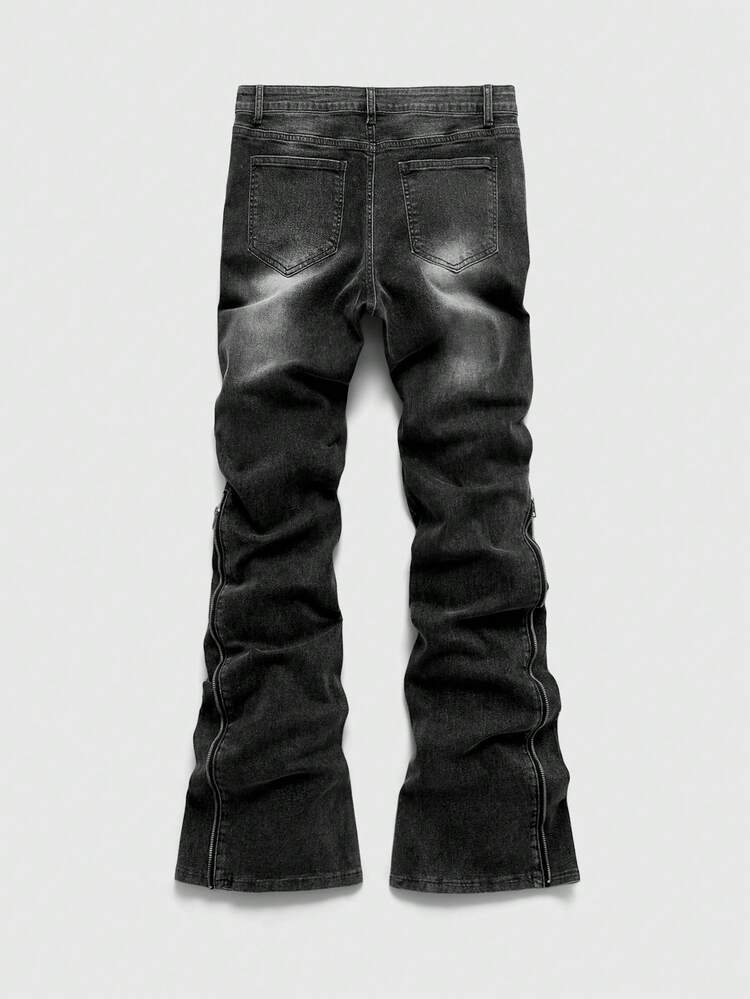 ROMWE MEN Men's Metal Rivet Zipper Pocket Layered Fashion Jeans - Grey - View 3