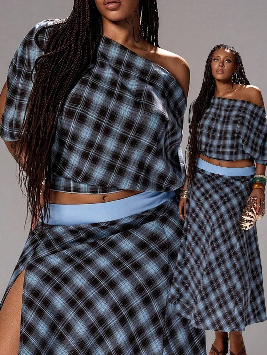 Rustia Plus Size Spring/Summer Plaid Asymmetric Neck Top And Slit Skirt 2-Piece Set - Blue - View 1