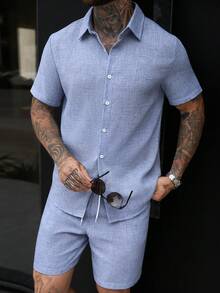 Manfinity Homme Men's Plus Size Solid Color Textured Casual Short Sleeve Shirt And Straight Leg Elastic Waist Shorts Set For Summer - Blue - View 4