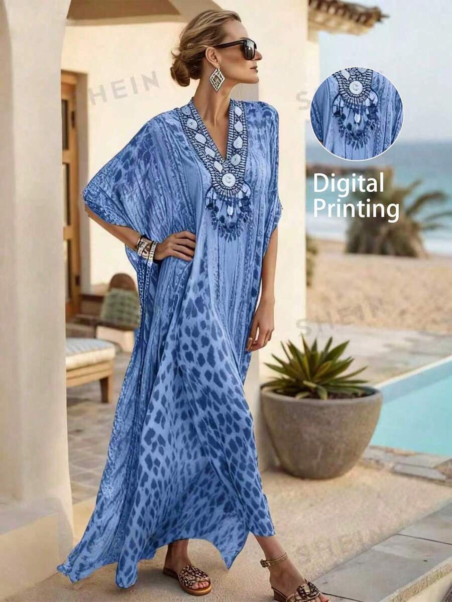 Wandoria Elegant Blue Leopard Print Dress,Boho Summer Beach Holiday,Bohemian Holiday Style For Weddings,Formal Events,Commute,Graduation Parties&Dates - Blue - View 1