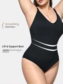 SHEIN Women's Plus Size Shapewear Seamless V-Neck Sexy Low Waist Backless Bodysuit Tummy Control Solid Color Shapewear Summer Hip Lifting Slimming Underwear - Black - View 2