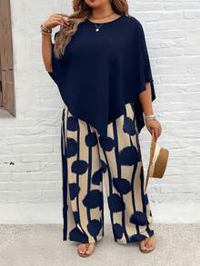 EMERY ROSE Plus Size Vacation Casual Solid Color Shirt And Striped Circle Print Pants Set - Multicolor - View 4