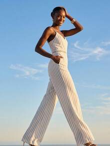 Livesso Combinaison blanche pour femmes, débardeur, style décontracté d'été, rayures, mariage, vacances, tropical, business décontracté - Beige - Voir 11